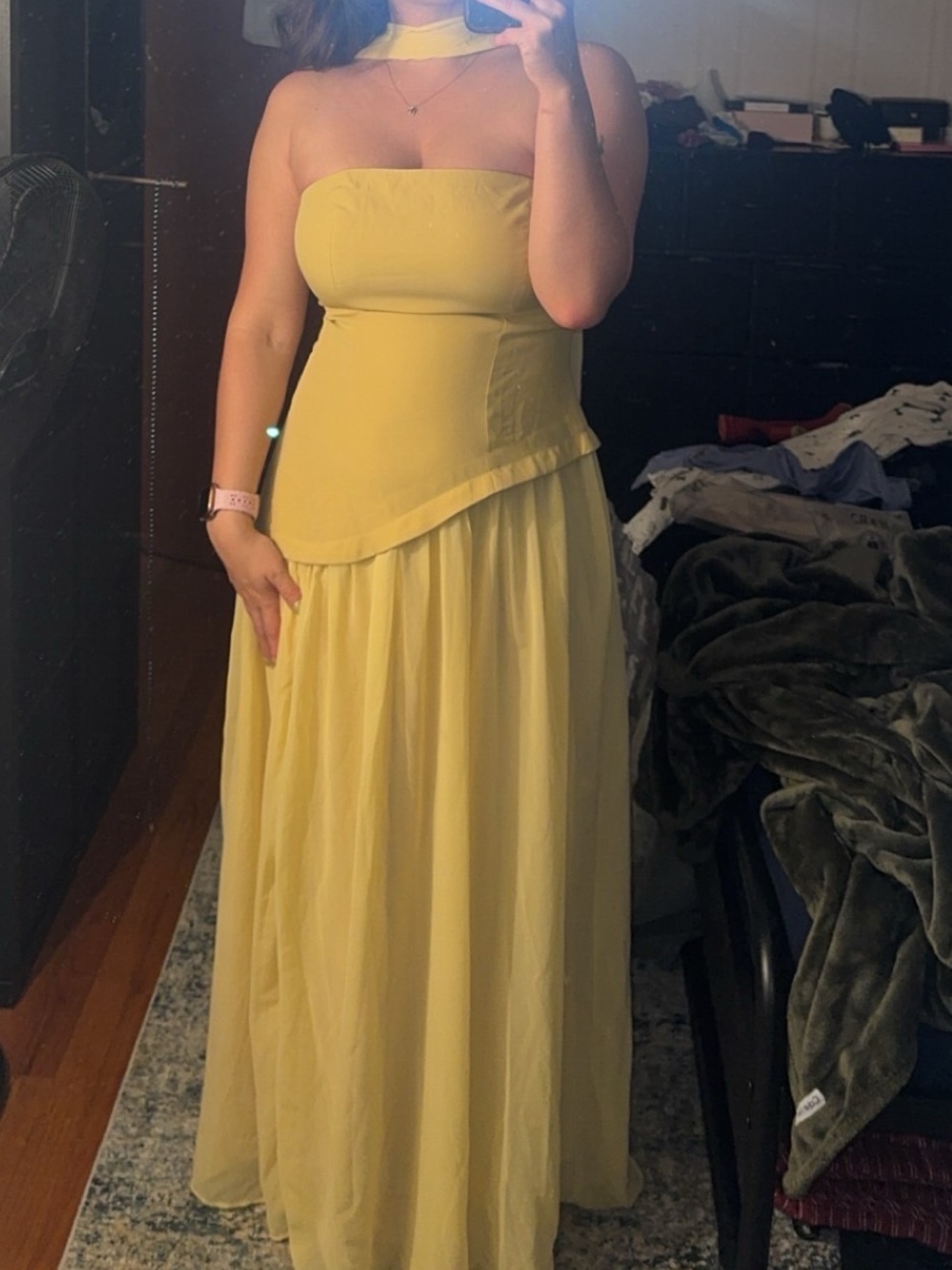 Cider Strapless Yellow Chiffon Gown with Choker